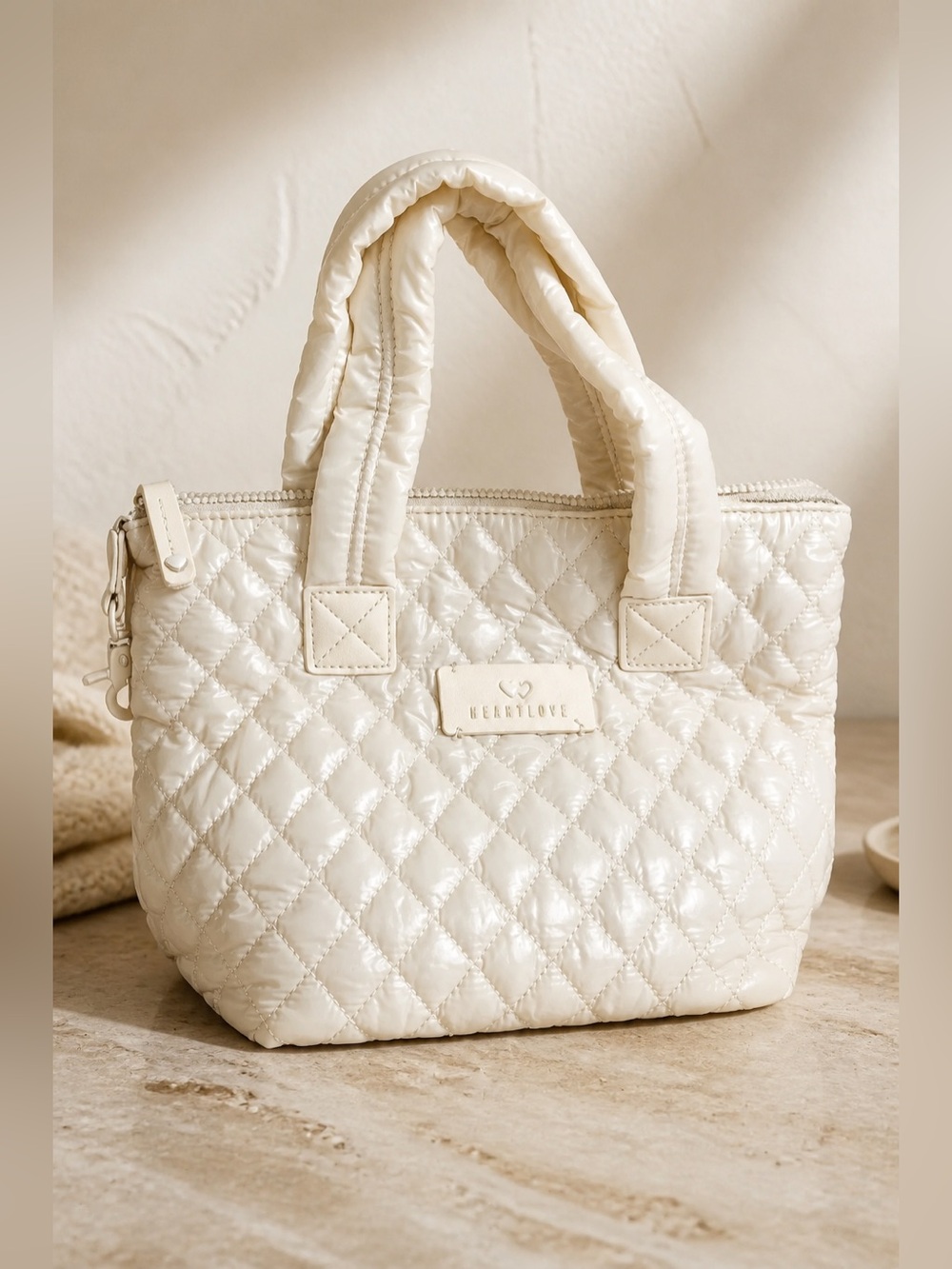 NWT Heart Love by Charo Cream Quilted Tote Bag Removable Crossbody Strap Purse